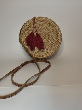 Round Woven Crossbody Bag with Red Tassels